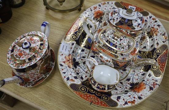 Three Crown Derby Imari patterned teapots, a meat platter and a jug